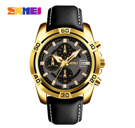Skmei 9156 Watch for Men Fashion Sports Quartz Clock Soft Real Leather Chronograph Waterproof Wristwatch GOLD