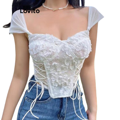 Lovito Women Party Plain Lace Up Jacquard Contrast Mesh Tank Top L71ED067 (Pink/White)