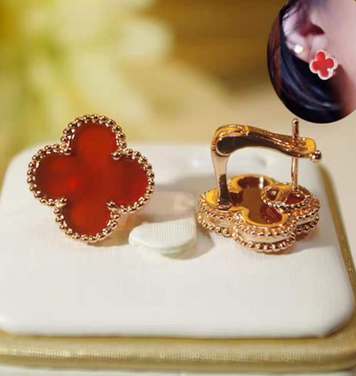 18k Thai Gold Plated Vca Clover Stud Earrings Accessories for Women