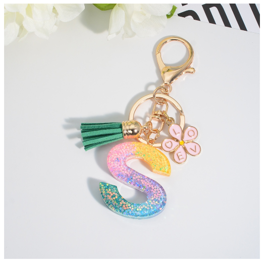 Fashion 26 Letter Resin Keychain A-Z Round Sequins Filled Alphabet Flower Pendant Keyring with Tassel Bag Ornament Accessories S