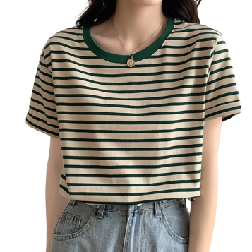 Lovito Women Casual Striped Contrast Binding T-Shirt LNE27003 (Green)