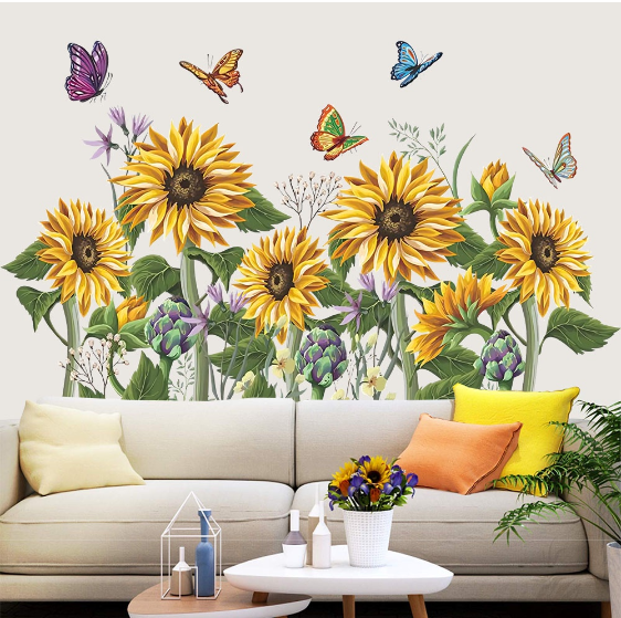 Sunflower Wall Stickers Butterfly Wall Decals Garden Flower Wallpaper Decor Design for Room