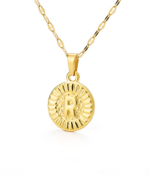 Maxzone A-Z Initial Round Letter Pendant Necklace For Women Stainless Steel Gold Choker Coin Letter Necklace R