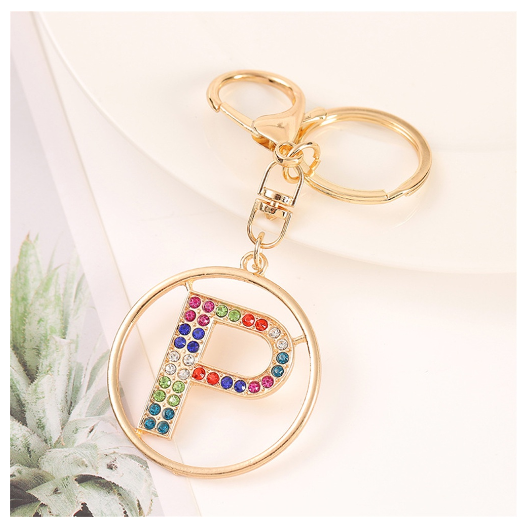 Colorful Rhinestone A-Z Letter Keychain Hollow Round Initials Alloy Keyring Bag Pendant Ornament DIY Accessories Charms Gift P