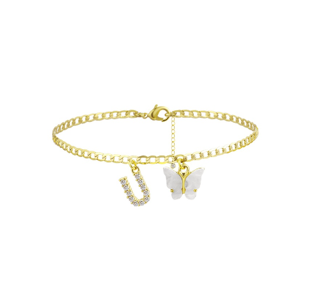 Fation Dainty Butterfly Initial Ankle Bracelets Handmade Cuban Chain White Butterfly A-Z Alphabet Letter Initial Anklets Summer Beach U
