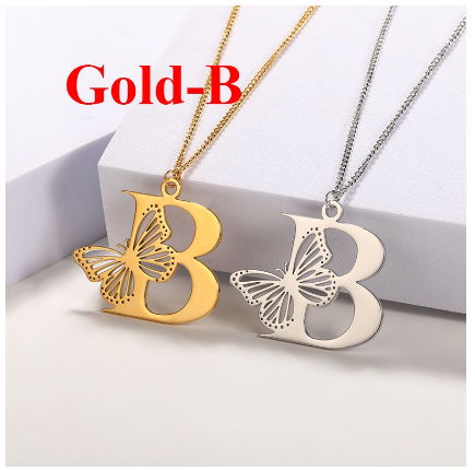 High-quality 18k Gold Plated A-Z Letters Necklace Stainless Steel Butterfly Necklace for Women Men Couple Fashion Jewelry B