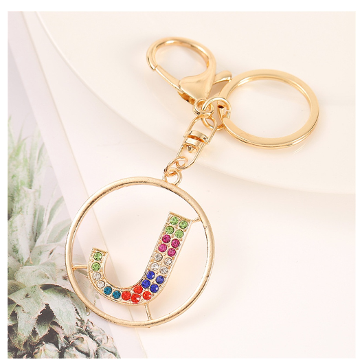 Colorful Rhinestone A-Z Letter Keychain Hollow Round Initials Alloy Keyring Bag Pendant Ornament DIY Accessories Charms Gift J