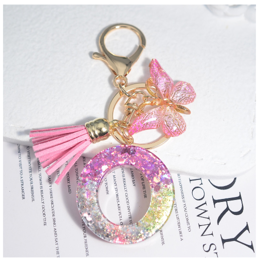 Glitter Sequin Filled 26 Letter Keychain With Tassel Exquisite Butterfly A-Z Alphabet Keyrings Women Bag Pendant Ornaments Gifts O