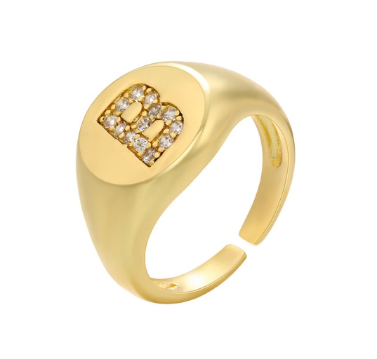 Maxzone A-Z Letter Hip Hop Gold Color Metal Finger Rings Adjustable Opening Ring Initials Name Alphabet Female Party Fashion Jewelry B