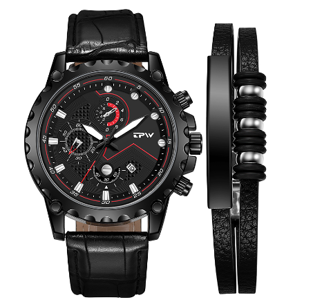 TPW Luxury Watch For Man With Bracelet Luminous Hands Men Watches Waterproof Casual Wristwatch BLACK LEATHER
