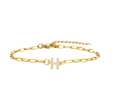 Vnox 18K Gold Zircon Initial Bracelet,Letter Charm Link Stainless Steel Flat Cross Bracelet H