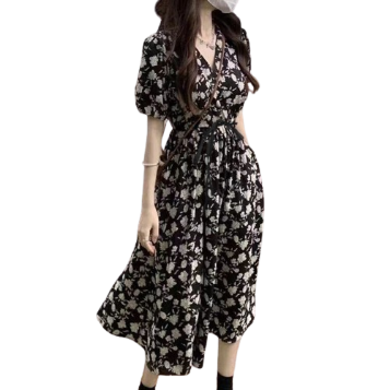 Lovito Women Casual Ditsy Floral Pocket Dress LNE27258 (Black)