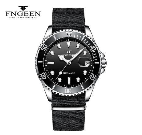 FNGEEN 9001 Men's Automatic Mechanical Watch Canvas Strap BLACK