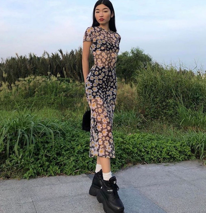 Dasiy Print Sheer Mesh Maxi Dress