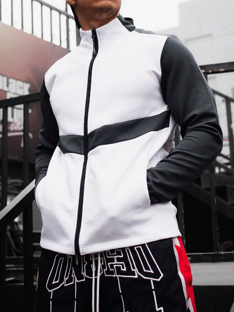 Manfinity Sport Streetwear Men's Color Blocking Zipper Front Stand Collar Sports Jacket Workout Tops