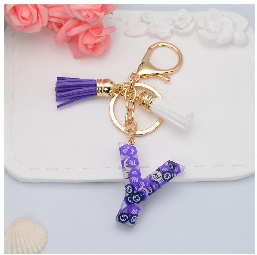New 26 Letters Constellation Symbol Slice Resin Keychain Charms Women Handbag Ornaments With Tassel Key Ring Accessories Gift Y