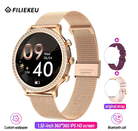 FILIEKEU Fashion Smart Watch For Women Round Delicate Diamond Dial Waterproof Sports Goddess Smartwatch ROSEGOLD MESH STRAP