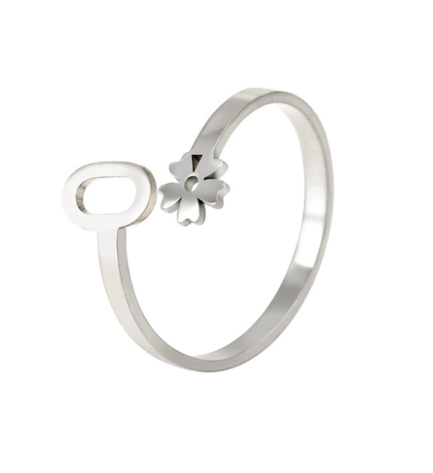 Stainless Steel A-Z Letter Ring For Women Girl Flower 26 Initial Name Adjustable Ring Trendy Birthday Jewelry Gift O