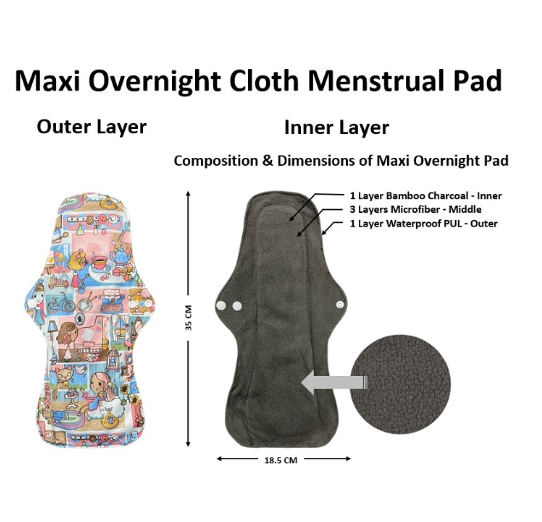 Maxi Overnight Organic Bamboo Charcoal Waterproof Washable Reusable Napkin Heavy Flow Menstrual Pads MP19