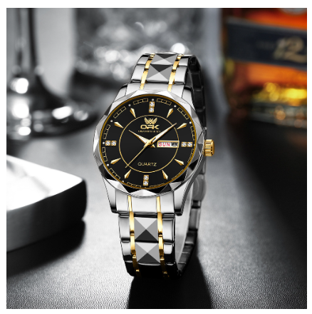 OPK Watch For Men Waterproof With Box Original Stainless Steel Luxury Business Luminous Quartz Watch BLACK DIAL TWO TONE STRAP