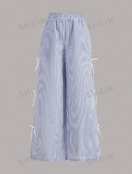 SHEINNeu Women Striped Print Elastic Waist Bow Decorated Casual Pants