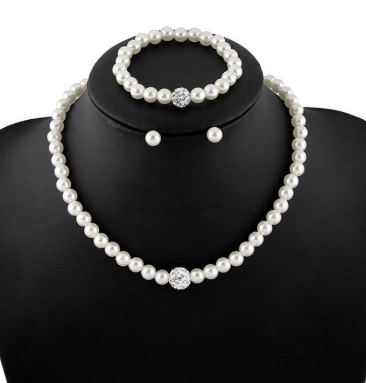 New Bride Wedding Three Piece Pearl Earrings Bracelet and Necklace N7056