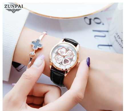 ZUNPAI Watch For Woman Original Waterproof Leather Strap Fashion Trend Elegant Girls Women Watches Quartz Analog Ladies Watch BLACK