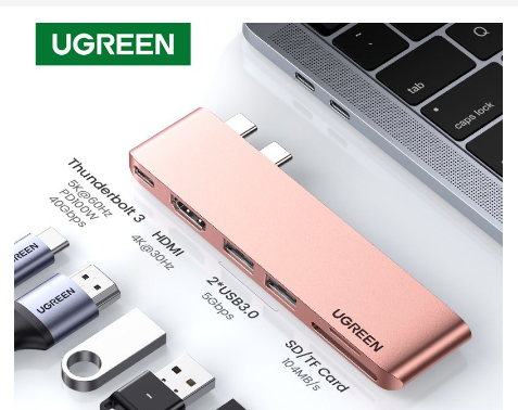 UGREEN USB C Hub for MacBook Aluminum Type C Adapter with 3 USB 3.0 100W USB C Power Delivery Micro SD SD Card Reader Compatible for MacBook Pro Air M1 2020 2019 2018 2017, Gold