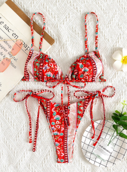 Women Sexy Printed Front Tie Bow Bikini Swimsuit