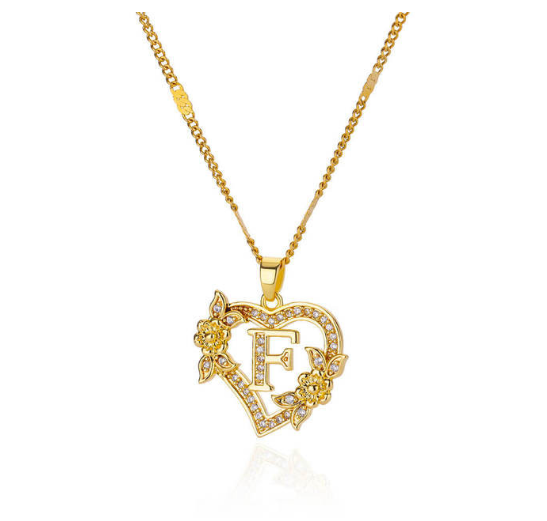 Zircon Stainless Steel Heart Flower Letter Necklaces For Women Gold Color A-Z Letter Heart Necklace F