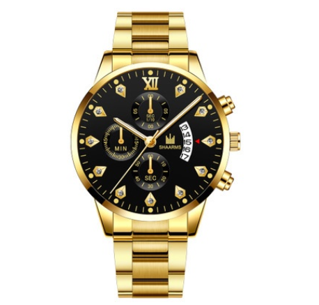 Men's Watch Men's Three Eyes Business Quartz Analog Stainless Steel Watch GOLD BLACK