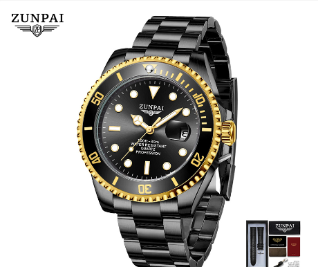 ZUNPAI Watch for Men Original Waterproof Stainless Steel Silver Gold Fashion Business Trend Calendar Luminous Watch  ALL BLACK