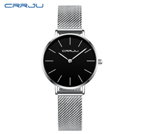 CRRJU Women's Watch Top Brand Ultra Thin Quartz Casual Stainless Steel Waterproof 2185X SILVER BLACK
