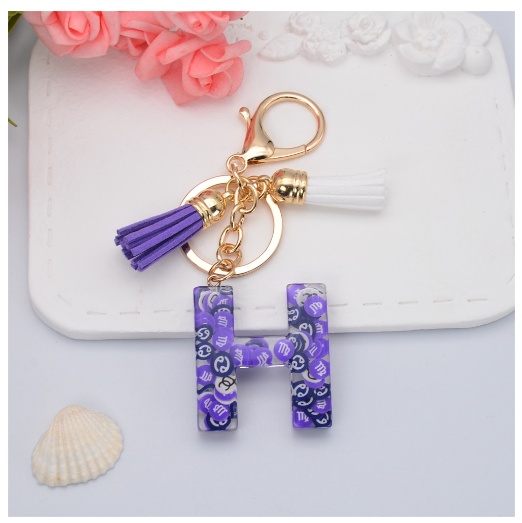 New 26 Letters Constellation Symbol Slice Resin Keychain Charms Women Handbag Ornaments With Tassel Key Ring Accessories Gift H