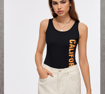 Casual Letter Print Bodysuits (Black)