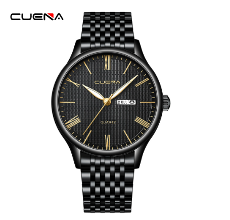Original CUENA Men's Watch Stainless Steel Vintage Dial Fashion Simple Casual Business Sports Quartz Waterproof Watch BLACK GOLD