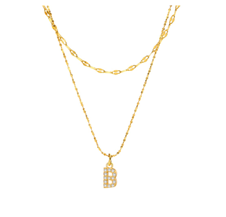 Vnox Double Layered Letter Initial Pendant Necklace,Gold Plated Shiny Zircon Alphabet Charm Necklace for Women B