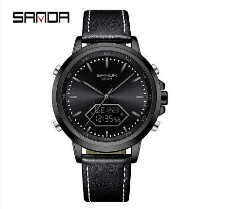 Sanda Waterproof Round Men's Fashion Quartz Watch Stainless Steel Strap Outdoor Watch  BLACK LEATHER STRAP