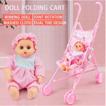 Girl sitting in a baby carriage will blink doll with a baby carriage