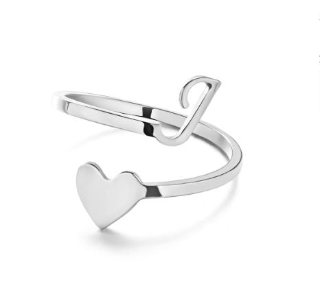 Silver Stainless Steel A-Z Rings Initial Letters Heart Rings Women Fashion Non Fading Jewelry Adjustable I