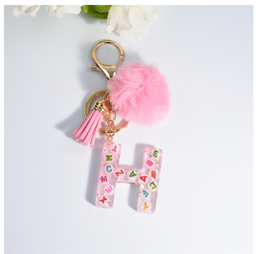 Exquisite Pink A-Z Letter Resin Keychain With Hairball 26 Initials Keyring Charms Women Bag Ornament Best Festival Gift H