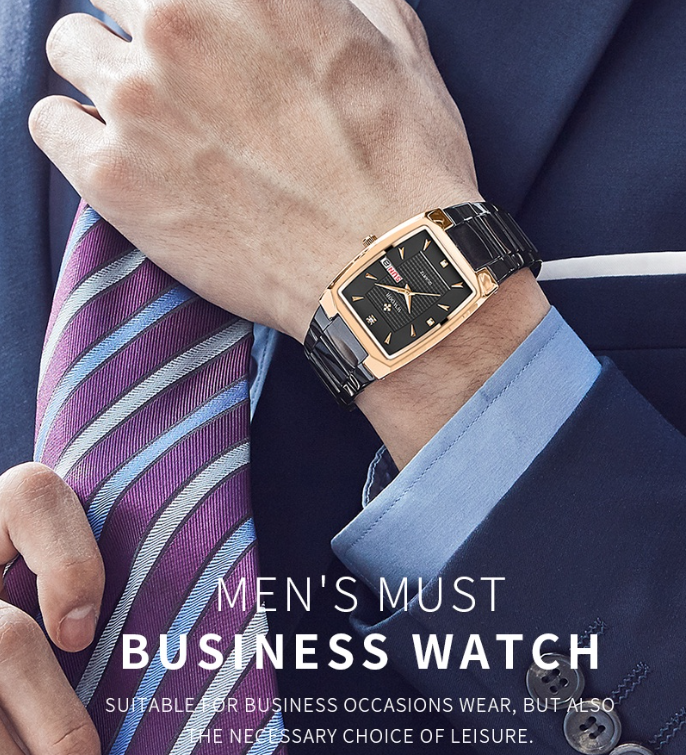 Wwoor Watch Men With Automatic Week Date Luxury Stainless Steel Gold Mens Quartz Wrist Watch BLACK DIAL ROSEGOLD CASE BLACK STRAP