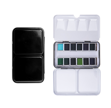 SeamiArt 12 Pcs. Set Ocean And Forest Colors Solid Watercolor With 1 Pc. Portable Metal Box Art Supplies Stationery