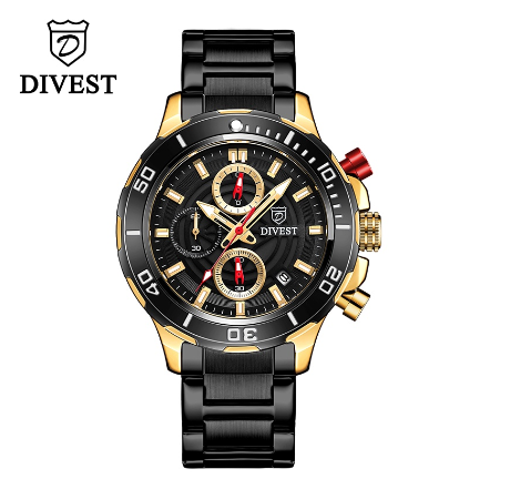 DIVEST Waterproof Watch Men Brand Business Fashion Casual Quartz Original Men's Watches Calendar Luminous 9012 GOLD BLACK