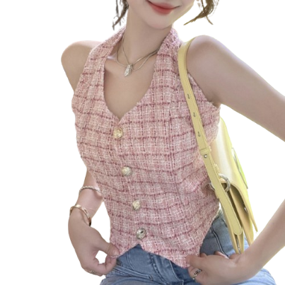 Lovito Women Casual Houndstooth Button Tank Top LNE36020 (Pink)