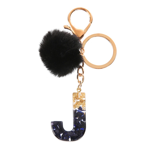 New Black Pompom 26 English Alphabet Resin With Gold Foil Keychain Charms Exquisite Letter Keyring J