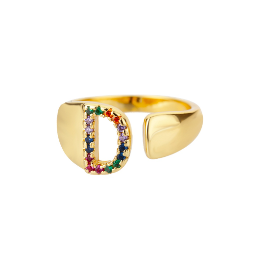 Maxzone Fashion Colorful Chunky Wide Letter A-Z Rings For Women Gold Opening Initial Letter Ring Femme Wedding Party Jewelry D