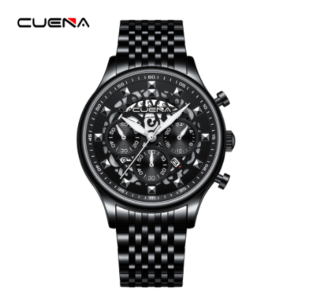 CUENA Original Brand New Men's Watches Mechanical Unique Style Creative Design Dial Stainless Steel Fashion Casual Business Sport Watch  BLACK SILVER