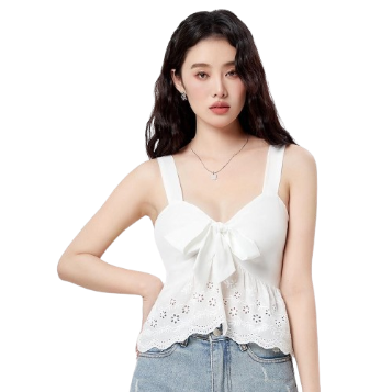 Lovito Preppy Plain Bow Front Contrast Lace Shirred Women Tank Top L33ED054 (White)