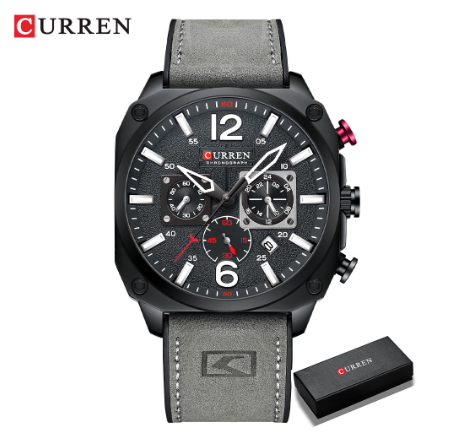 Curren Men's Watches Fashion Casual Quartz Sporty Wristwatches 2021 Male Chronograph Leather Luminous Waterproof Watch GRAY